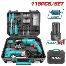 Δράπανος Ηλεκτρικός 680W & Δραπανοκατσάβιδο TOTAL  Μπαταρίας Li-ion 12V / 1.5Ah σετ 119 Τεμαχίων ( THKTHP1192 )